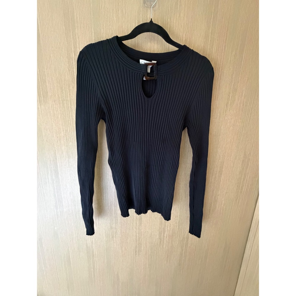 Chaus Y2K Silk Blend Ribbed Top Women XL Black Excellent Keyhole Buckle Detail